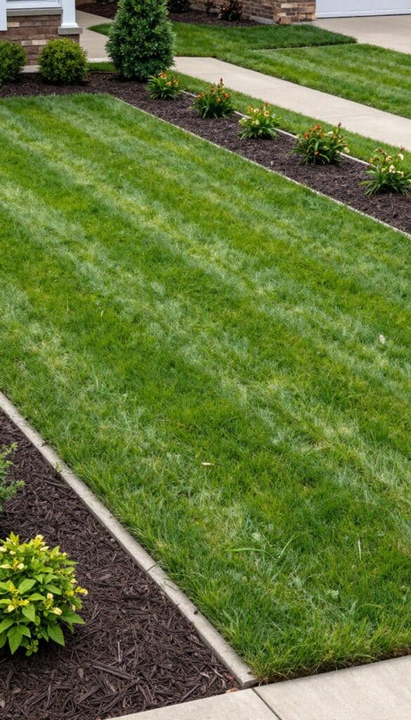 Neatly edged lawn framed with planting beds