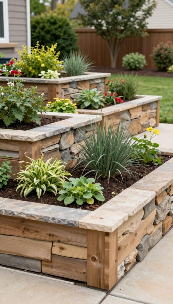 Raised flower beds adding structure to front yard