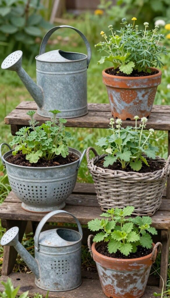 Reclaimed vintage containers repurposed as unique cottage garden planters