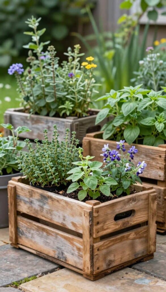 Rustic wooden crate planters filled with herbs and seasonal cottage garden flowers
