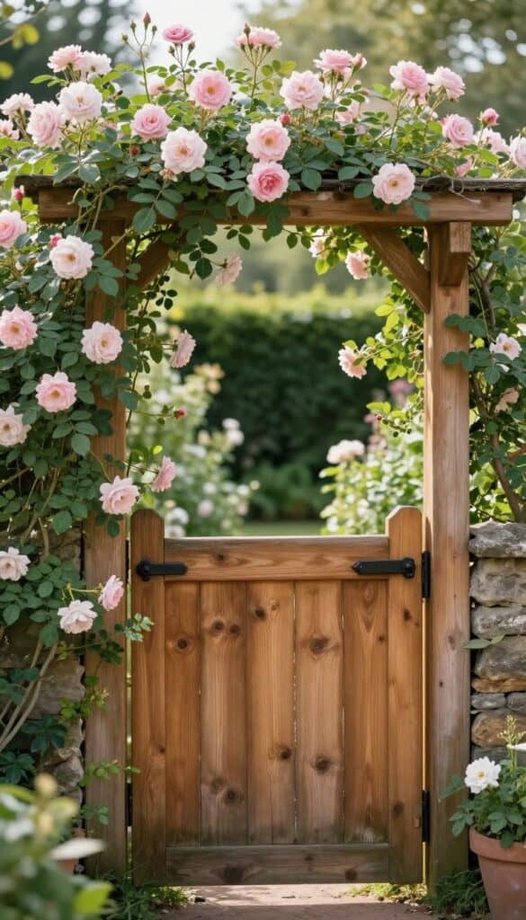 Rustic wooden garden gate with climbing plants creating cottage garden entrance