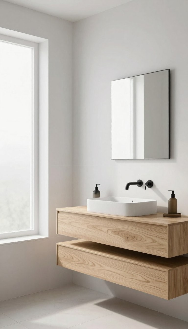 Scandinavian bathroom design featuring white walls, light wood vanity, and minimalist black fixtures
