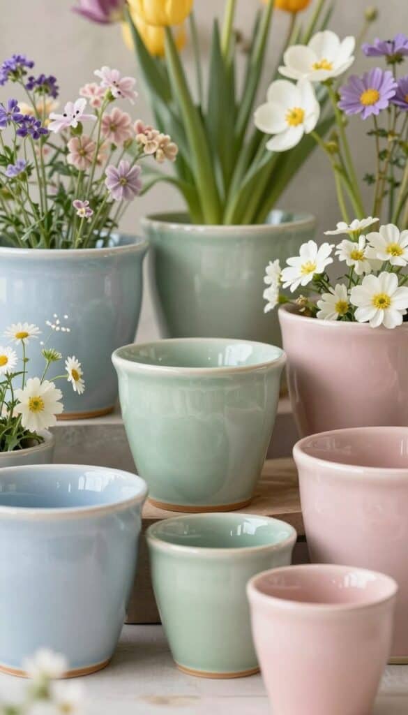 Soft glazed ceramic pots in pastel colors adding gentle accent to cottage garden