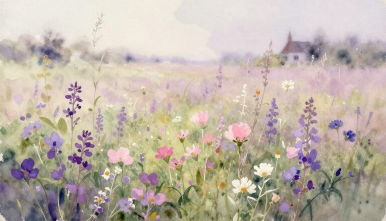 Soft watercolor painting of wildflower meadow with gentle pink and purple blooms in cottage garden style