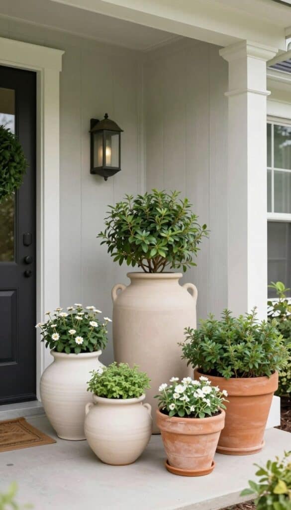 Layered planters on a front porch creating a warm entrance