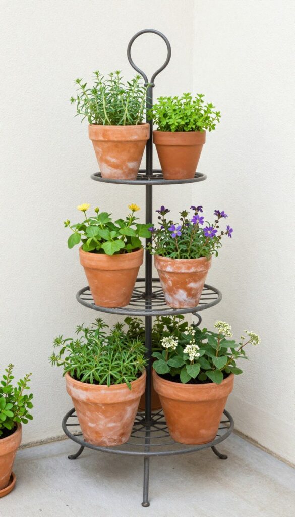 Tiered plant stand maximizing vertical space in small cottage garden corner