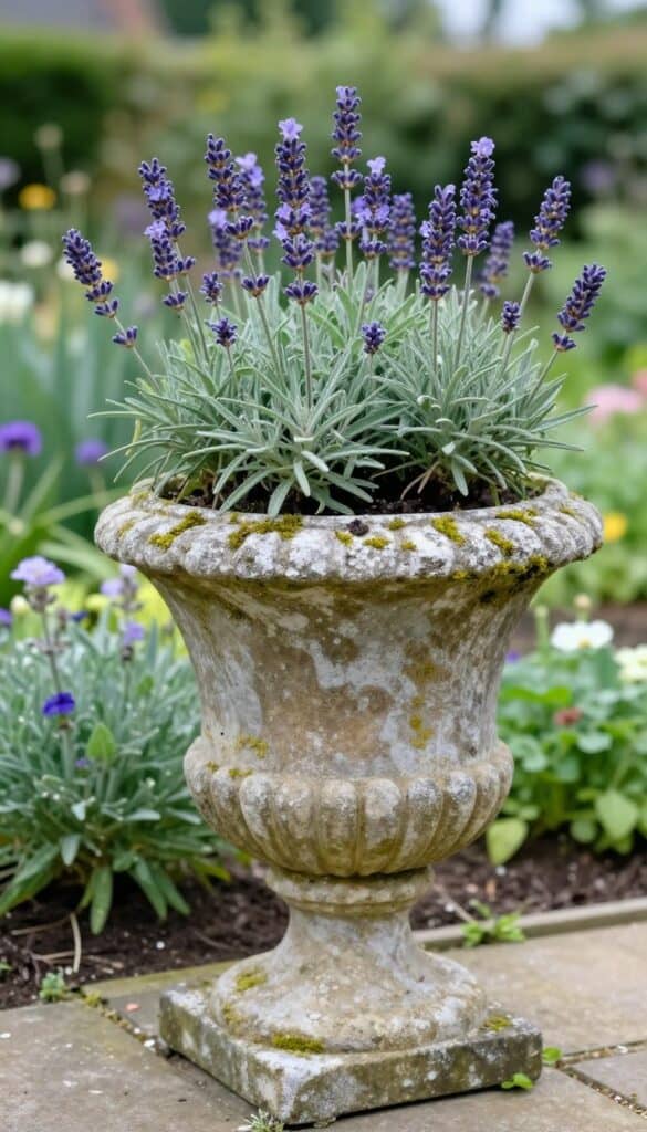 Timeless stone planters with moss growth displaying perennial cottage garden plants