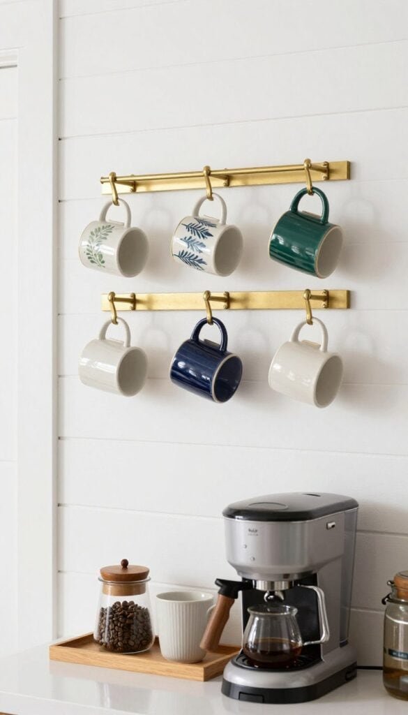 Wall hooks holding coffee mugs above coffee machine