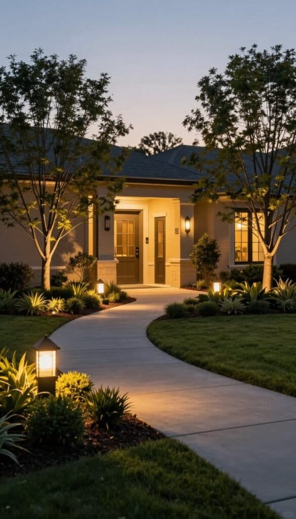 Warm outdoor lighting highlighting a front yard at dusk