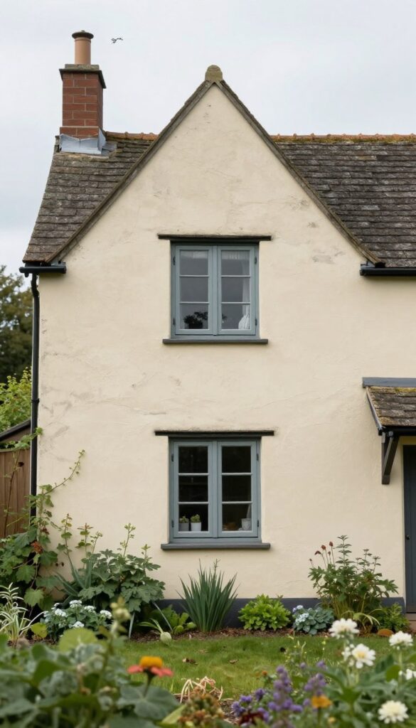 Weathered cottage house exterior with soft cream finish