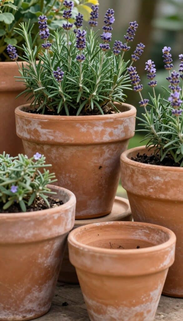 Weathered terracotta pots with natural patina displaying herbs and cottage garden flowers