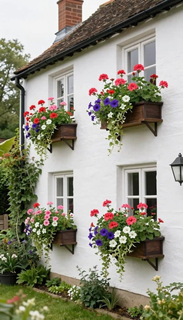 Window box planters overflowing with cottage garden flowers beneath cottage windows