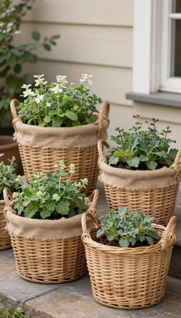 Woven basket planters adding natural texture to cottage garden patio