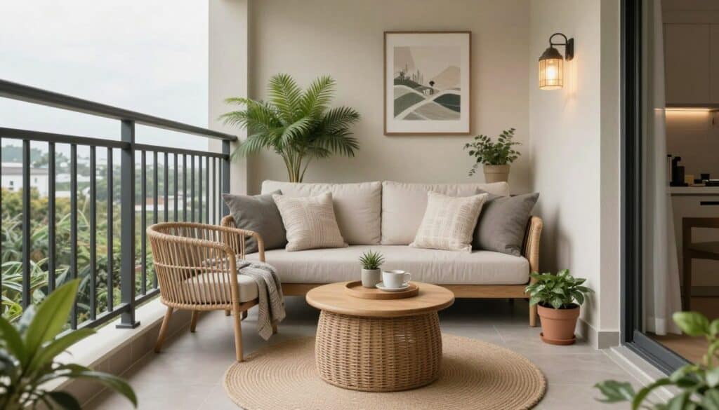 complete balcony sitting area showing all elements working together harmoniously