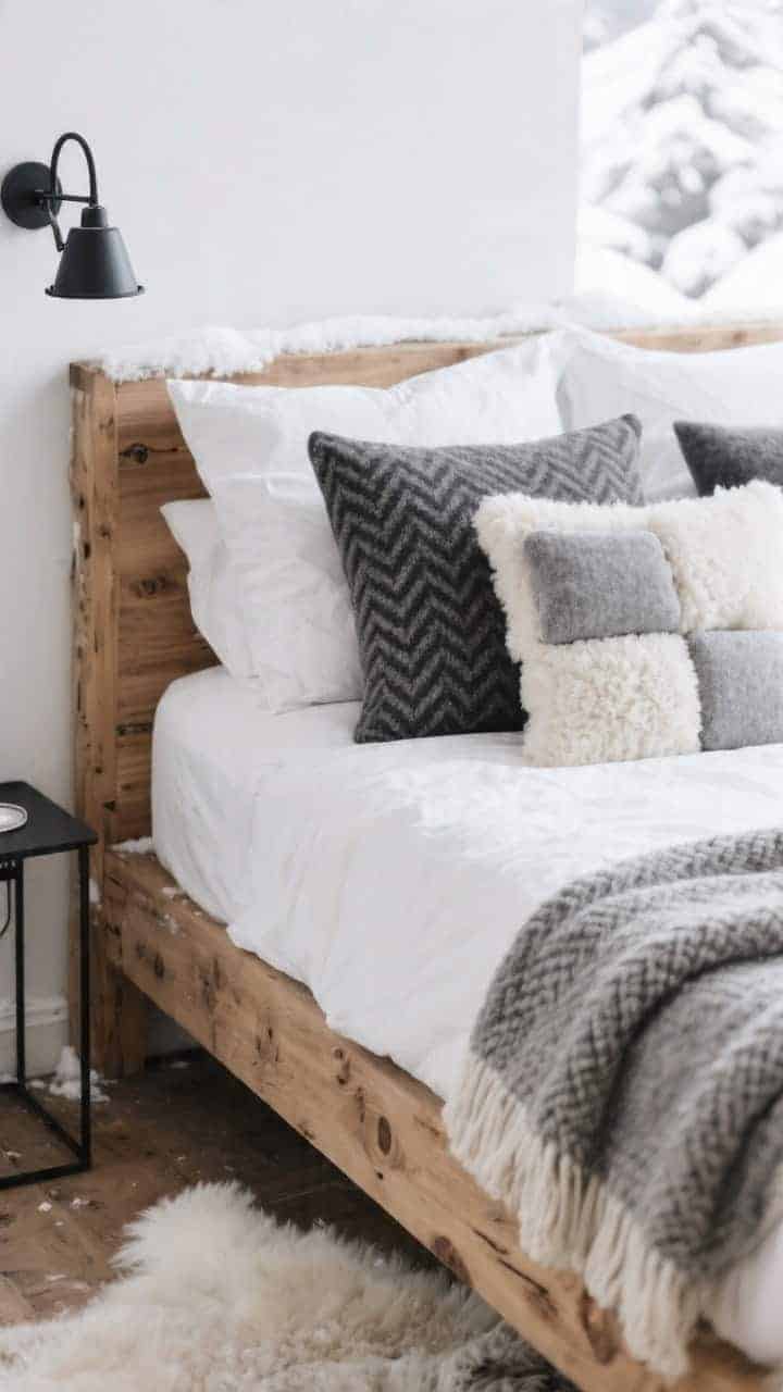 Closeup detail, alpine chalet bedroom textiles: corner of a natural oak bed with crisp white linens and a heavy knit throw. A stack of ivory shearling pillows, gray heather wool squares, and a narrow charcoal lumbar with subtle herringbone texture. Background hints of a sheepskin rug on the floor and a black metal bedside sconce. Soft winter daylight, cozy snowy whites and grays, photorealistic.