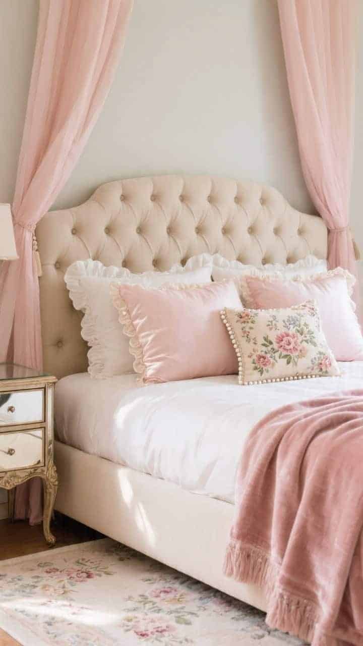 Closeup romantic bed vignette: tufted oatmeal headboard as backdrop, blush drapes softly blurred, antique mirrored nightstand edge catching light, pale floral rug peeking below. Pillow stack: two ecru Euros with scalloped edges, two blush satin shams, floral tapestry lumbar centered, two tiny pearl-embroidered pillows adding sparkle. Blush velvet throw draped at the foot. Soft, diffused, dreamy lighting.
