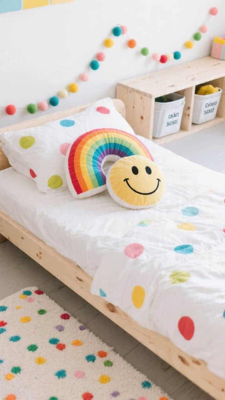 Detail closeup on bed: A playful kid’s room shot of a light birch bed with white bedding. Rainbow polka-dot shams pop against the white, paired with a striped candy-colored bolster and a smiley-face accent pillow. In the background, a storage bench with labeled bins and a string of felt ball garlands echoing the dots; a washable confetti rug peeks into frame. Bright, even daylight, crisp and cheerful; no people.