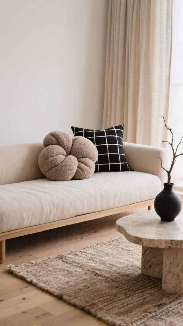 Detail closeup, straight-on: On a low-profile oatmeal sofa in a serene Japandi setting with pale oak floors and soft-puddling linen drapes, a trio of sculptural throw pillows—soft taupe knot cushion, boucle pebble-shaped pillow, minimalist black-and-cream grid lumbar; edge of a rounded-corner travertine coffee table and a matte black vase with a single branch blur in the background; flatweave natural wool rug texture visible; calm, diffuse daylight, photorealistic.
