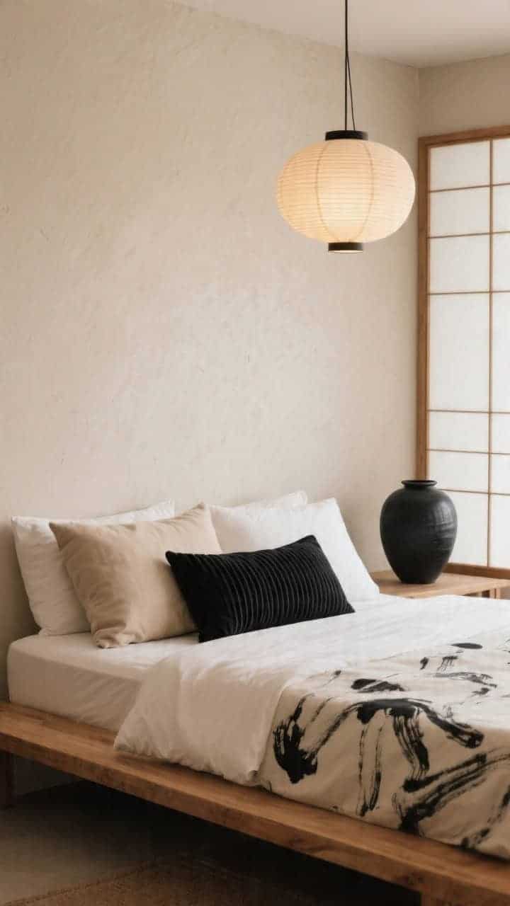 Detail, serene Japandi composition from a low angle: low oak platform bed, paper lantern pendant softly glowing, plaster-textured pale beige wall, black ceramic vase and shoji-inspired screen edge in frame. Pillows: two beige linen Euros, two white shams, a wide black micro-pleated lumbar centered, plus a single ink-brush patterned pillow. Calm, balanced contrast, soft ambient light.