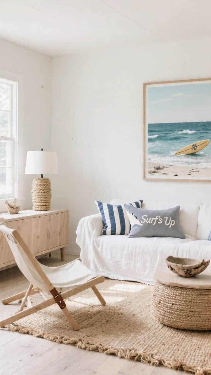 Medium coastal scene, corner angle: White slipcovered sofa on bleached wood floors with a large ocean print above; surf-inspired pillows—navy-and-white stripes, wave motifs, retro “Surf’s Up” embroidered cushion—and a soft gray shark-fin shaped pillow; woven seagrass rug; sling chair with canvas and leather straps; rope-wrapped lamp and driftwood bowl on pale oak sideboard; airy, beach-breezy daylight, photorealistic.