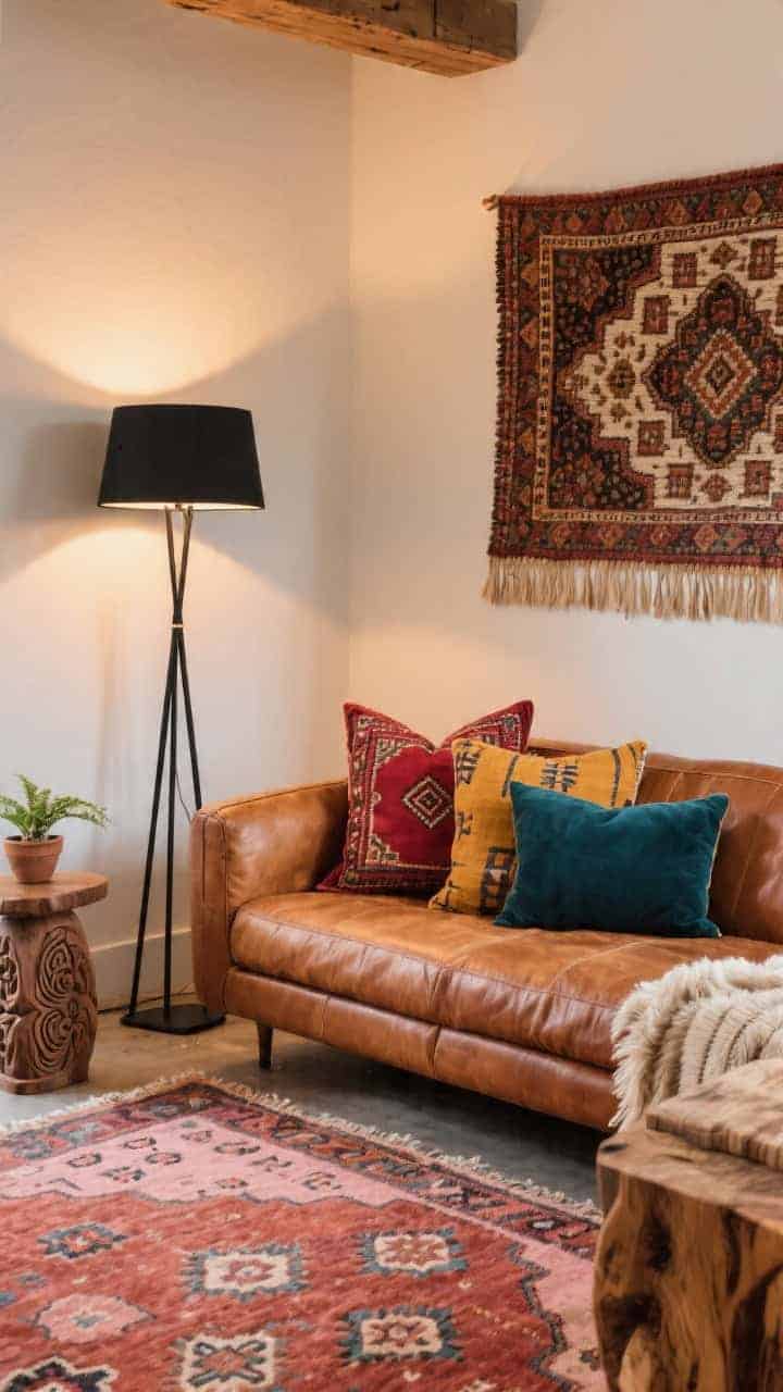 Medium corner angle: A modern boho den featuring a caramel leather sectional, vintage-inspired Moroccan rug in rust and blush, and a slim black metal floor lamp. On the sectional, layered suzani-patterned pillows in ruby, saffron, and deep teal, mixed with one or two neutral mudcloth prints; an oversized suzani lumbar anchors the center. A hand-carved wood side table holds a small plant; a woven wall hanging above. Warm, cozy ambient lighting to emphasize leather, wool, fringe, and carved wood textures.