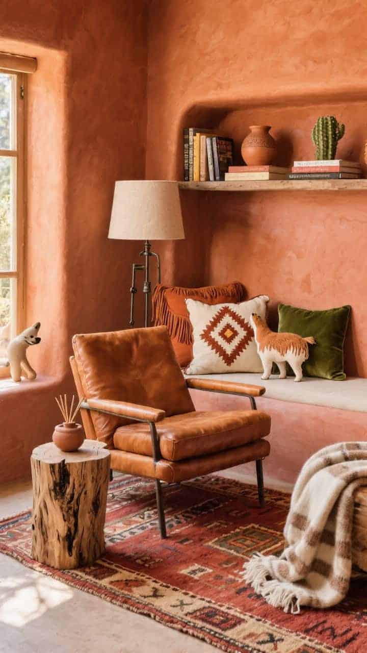 Medium reading nook, side angle: Cognac leather chair-and-a-half against terracotta walls; kilim rug in rust and sand; built-in niche with pottery and novels; southwestern-inspired pillows—terra-cotta suede fringe lumbar, cream with burnt sienna diamond motifs, cactus green velvet square—and a coyote-shaped cushion for whimsy; iron floor lamp with linen shade; live-edge wood stump side table with clay incense holder and wool throw; warm, sun-baked ambiance, photorealistic.