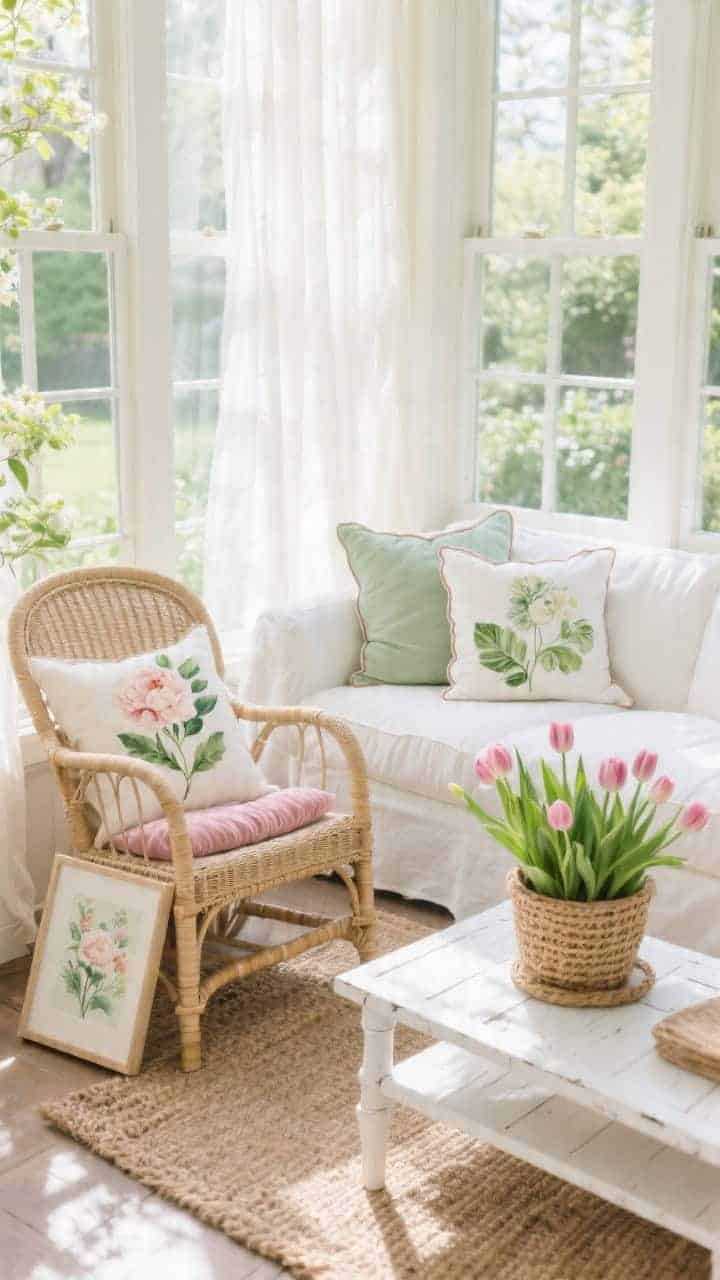 Medium shot, bright spring garden sunroom corner: rattan lounge chair and white slipcovered loveseat beneath sun-washed windows with breezy sheer curtains. Pillows include watercolor botanical prints (peonies and leafy greens), soft sage linen cushions, and a piped blush velvet lumbar. Natural jute rug on the floor and a white-painted bamboo coffee table with a woven planter of blooming tulips and a floral art print leaning nearby. Soft daylight, airy and fresh, photorealistic.