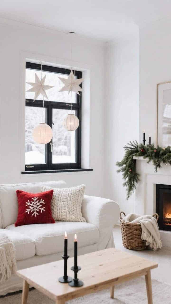 Medium shot, festive Nordic winter living room: white sofa against pale walls with black window trim. Pillows include cranberry red wool lumbar pillows, two snowflake-embroidered flax cushions, and a chunky knit pillow in creamy white. Light wood coffee table with black candlesticks; paper star lanterns hang in the window. Spruce garland draped on the mantel, woven basket of throws nearby. Soft winter daylight, cozy but minimal, photorealistic.