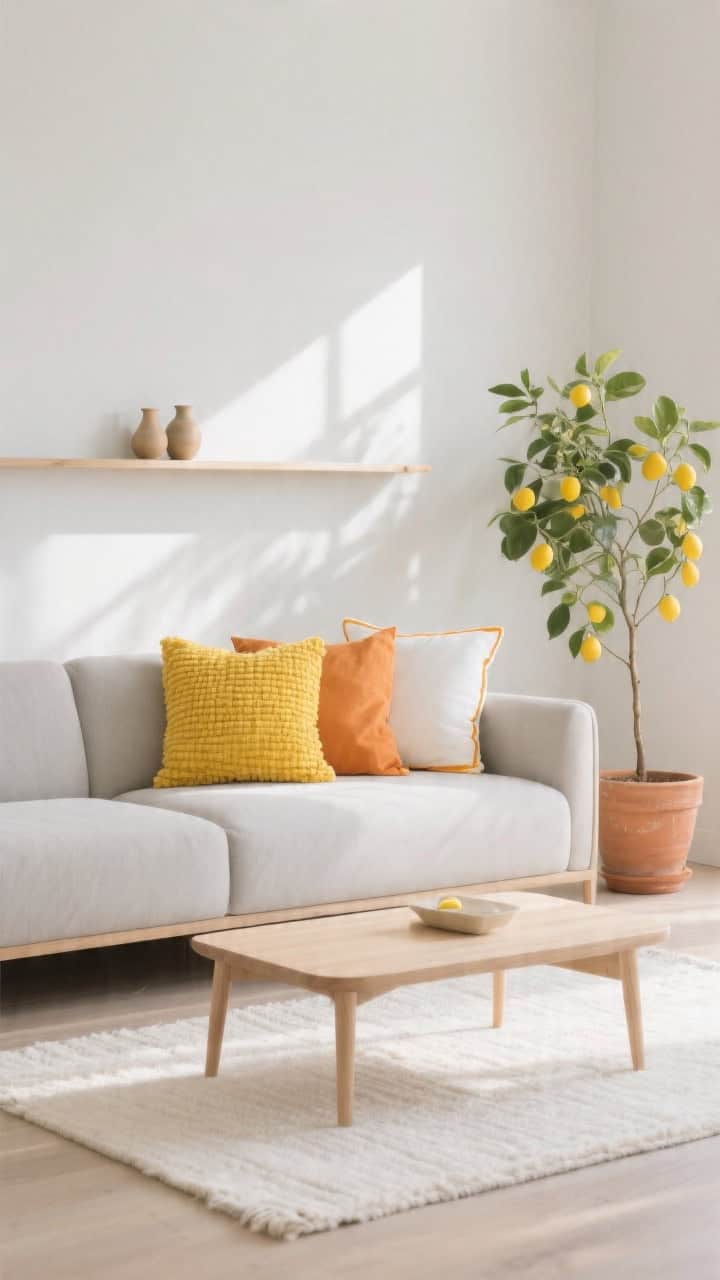 Medium shot, fresh morning minimalist living room: modern low-profile sofa in light greige with a pale maple coffee table on a flat-woven ivory rug. Pillows provide citrus brights—lemon yellow boucle, soft tangerine linen, and a crisp white canvas lumbar with citrus-hued piping. A linear wall shelf with small ceramic vessels, and a lemon tree in a simple terracotta pot nearby. Bright morning light, airy, clean lines, photorealistic.