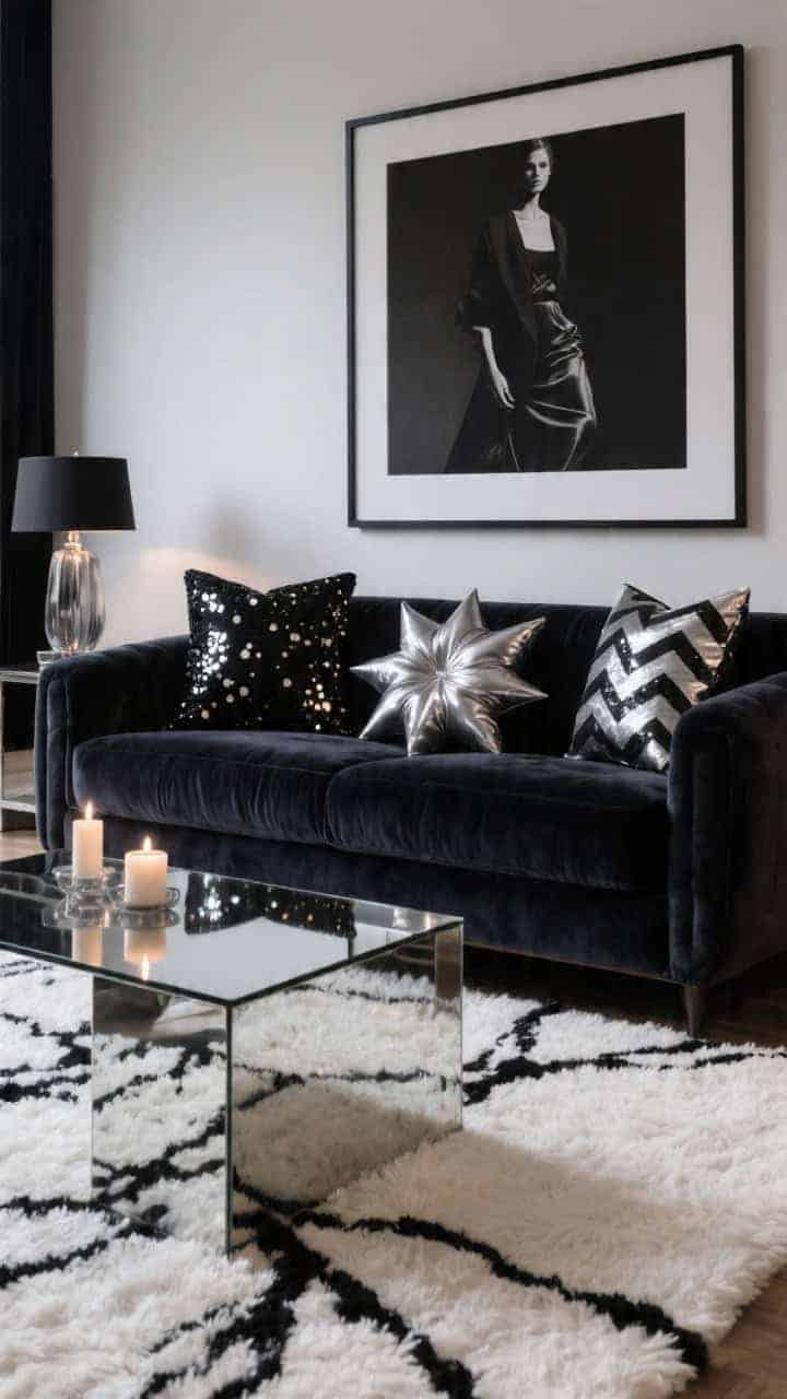 Medium shot, moody glam: Deep charcoal velvet sofa on a white shag rug with black brushstroke lines; metallic-accent pillows—black with silver foil splatter, sequined chevron, sleek faux leather—and a pewter starburst-shaped pillow as a focal point; mirrored-top coffee table reflecting candlelight; smoked glass table lamps casting soft, moody glow; oversized black-and-white fashion photography on the wall; swanky, photorealistic.