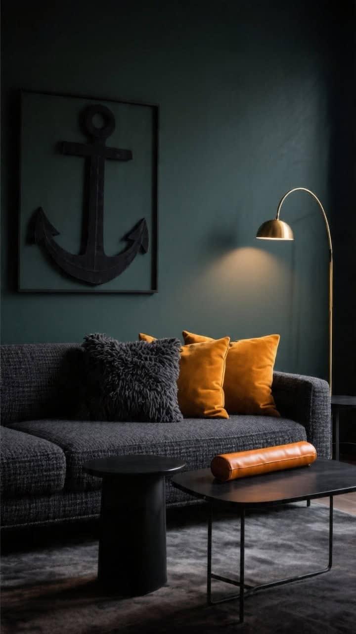 Medium shot, moody modern living room: a charcoal tweed sofa with matte black side tables and a brass arc lamp; deep gray-green walls and abstract art in black and ochre. Pillows: two 24-inch charcoal bouclé anchors, two 20-inch ochre velvet squares, and a slim citrus leather lumbar in front. Directional evening light for drama, rich textures (bouclé, velvet, leather) clearly visible, urban edge, no people.