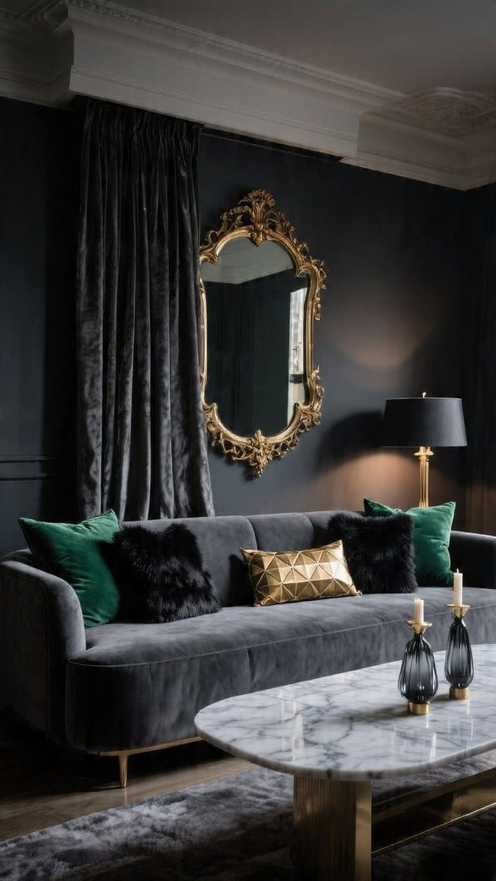 Medium shot, moody winter glam lounge: deep gray velvet sofa against charcoal walls, heavy velvet drapes framing a large antique-brass dramatic floor mirror. On the sofa: oversized emerald velvet pillows, black faux fur squares, and a gold-foiled geometric lumbar catching low evening light. Marble coffee table with smoked glass candleholders; a low, moody table lamp glows softly. Rich shadows, metallic pops, photorealistic.