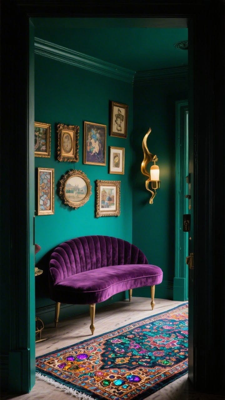 Medium shot of a bold maximalist entry vignette: color-drenched walls in deep emerald (or aubergine/peacock) enveloping the space, velvet-upholstered bench with a curved back centered, Persian-style runner bursting with jewel tones on the floor, eclectic gallery wall of assorted frames above, a sculptural brass statement sconce casting dramatic highlights; saturated palette with inky accents, evening moody lighting for drama.