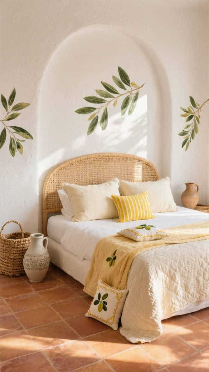 Medium shot of a sunny Mediterranean suite: white plaster walls, arched cane headboard, terracotta floor tiles, olive branch prints on the wall, woven baskets and ceramic jugs nearby. Pillows: two cream Euros, two olive shams, striped lemon-yellow lumbar, two small embroidered pillows with olive motifs. Light honey quilt folded at the foot. Golden afternoon sunlight streaming in.