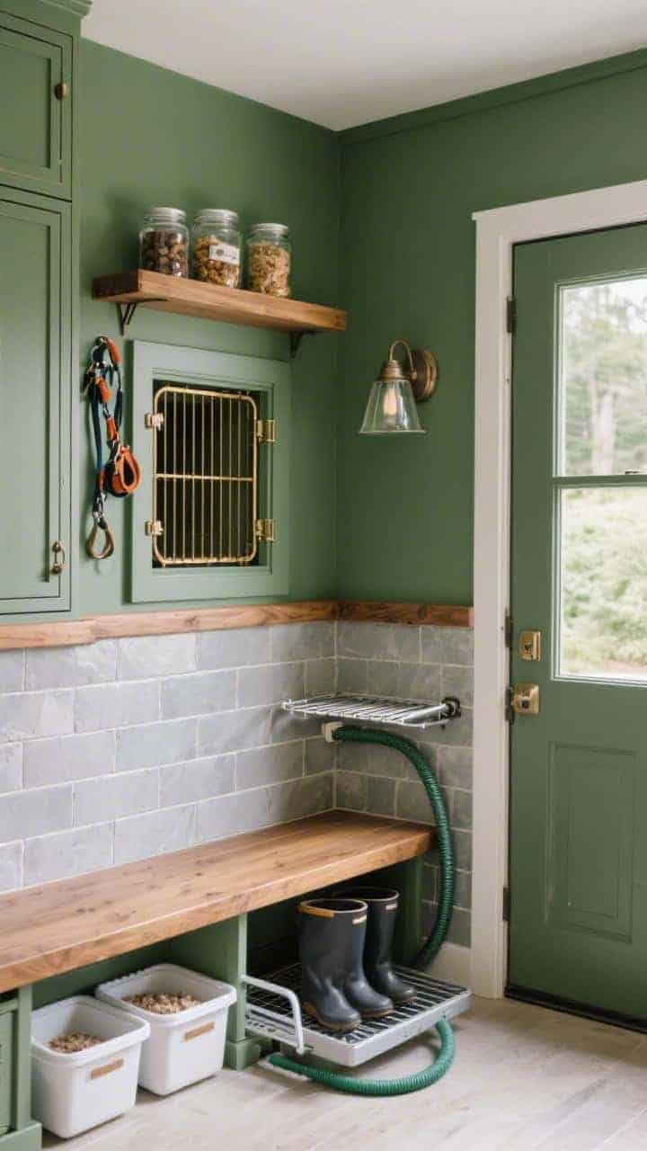 Medium shot, Pet-Proof Pavilion: porcelain tile wainscoting on lower walls with an oak ledge above holding leashes and treat jars; moss green paint above the tile; built-in kennel nook with aged brass grille door integrated into cabinetry, styled like fine furniture; airtight pull-out food bins slightly open; hose-friendly boot tray under the bench; pull-down drying rack mounted on wall; outdoor-rated sconce by the door; color story moss green, oak, stone gray; photorealistic.