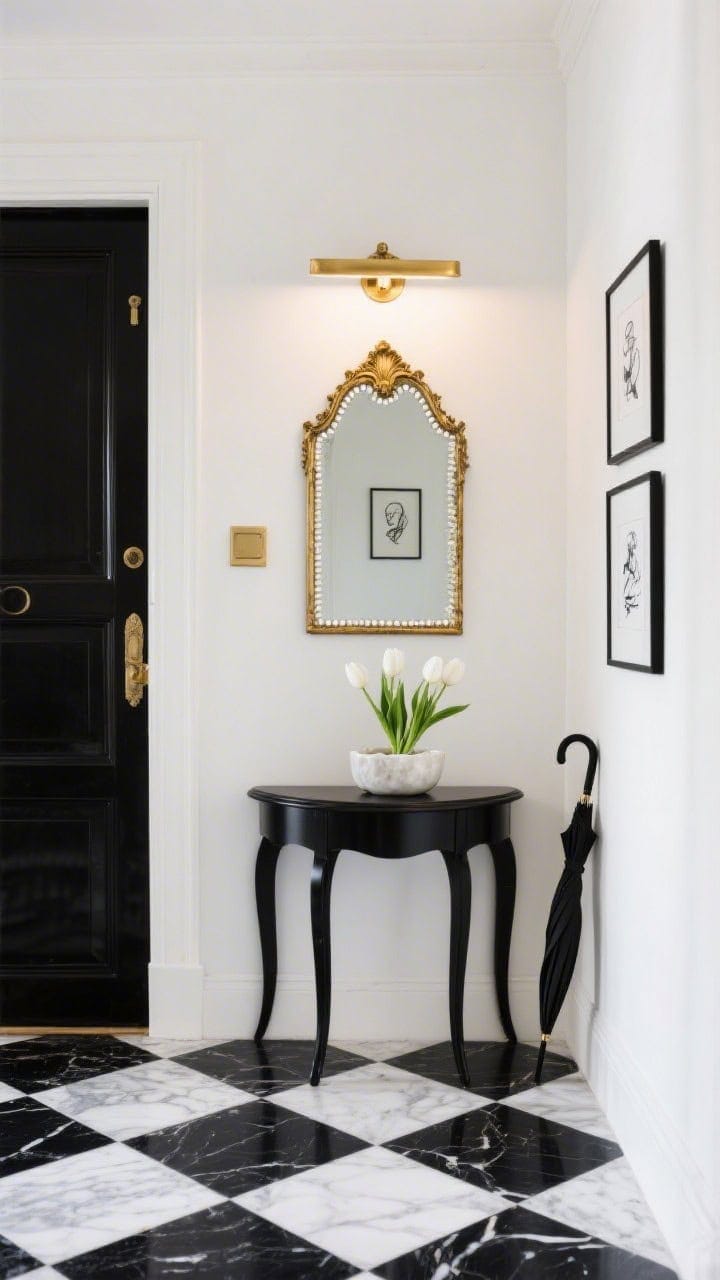 Medium, slightly angled view of a Parisian-inspired black-and-white entry: checkerboard marble tile floor as the focal plane, slim black demi-lune table centered on the wall, gilded antique-style mirror with delicate beading above, brass picture light illuminating a mini gallery of black-and-white sketches, alabaster catchall with fresh white tulips on the table, narrow umbrella stand nearby; crisp cream walls, soft brass accents; bright, refined daylight for a timeless, tailored mood.
