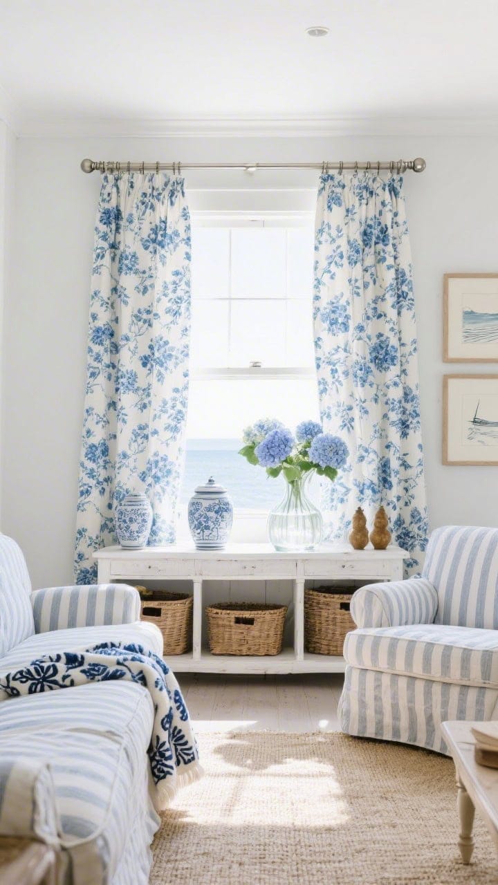 Medium-to-wide coastal living room with blue-and-white chintz floral curtains (delicate florals in denim and cornflower blue) softening a bright space. Include a striped ticking sofa or slipcovered armchairs, a white-painted pine console, woven baskets for storage, a pale sisal rug layered with a small indigo block-print throw. Accessories: ginger jars, clear glass vases with hydrangeas, framed coastal sketches. Hardware: brushed nickel rod with ball finials. Lighting: bright seaside clarity, crisp and timeless. Perspective: straight-on with window centered to highlight chintz pattern and tailored finish. Photorealistic, no people.