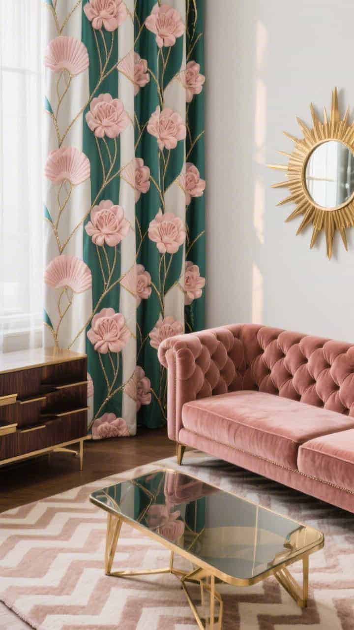 Overhead-and-angle hybrid detail of an Art Deco living area vignette: geometric floral curtains with stylized petals and fans in blush, emerald, and ivory, outlined with subtle metallic threads, catching light. In frame: corner of a tea-rose velvet channel-tufted sofa, a brass-and-smoked-glass coffee table with sharp lines, and a glimpse of a stepped dark walnut credenza. Include a round sunburst mirror on the wall reflecting polished brass accents, and a tone-on-tone chevron rug beneath to balance the floral geometry. Lighting: refined, softly directional to highlight metallic threads and polished brass. Photorealistic, no people.