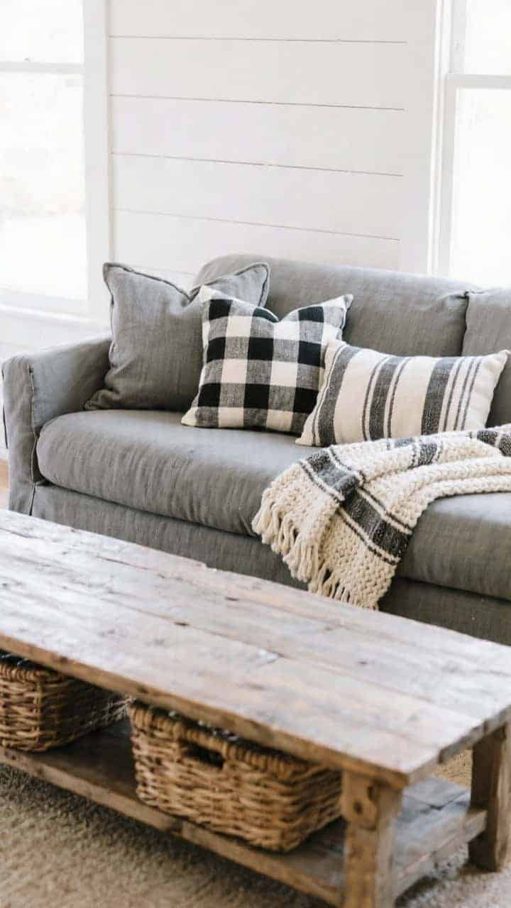Overhead detail shot, farmhouse fresh: a stone-gray slipcovered sofa against white shiplap walls, chunky knit throw folded at the arm; below, a weathered pine coffee table with baskets on the lower shelf visible at frame edge. Pillows: two 24-inch stone-gray linen, two 20-inch black-and-white buffalo check for bold pattern, and a grain-sack striped lumbar in ivory and charcoal. Bright, clean daylight; crisp checks and linen texture showcased.