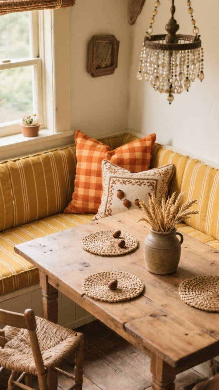 Overhead detail shot of a harvest cottage dining nook bench: built-in bench seat pads in mustard ticking stripe around a cozy wooden table left bare. Plump pillows include burnt orange gingham, walnut micro-check, and an embroidered lumbar with tiny acorns. Table styling shows woven placemats, a vintage crock filled with dried wheat, and a beaded chandelier visible at the top edge. Warm daylight, storybook charm, photorealistic.