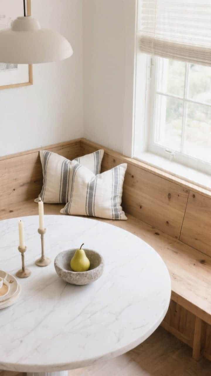 Overhead detail shot of a light and airy dining bench vignette: built-in oak bench wrapping a window beside a round whitewashed table; linen pillow mix in bleached flax with thin charcoal pinstripes and one buttercream cushion; stone bowl with pears on the tabletop, tapered candles, and airy roller shades filtering gentle daylight; palette of light oak, flax, buttercream, whisper gray; bright, inviting brunch feel; photorealistic.