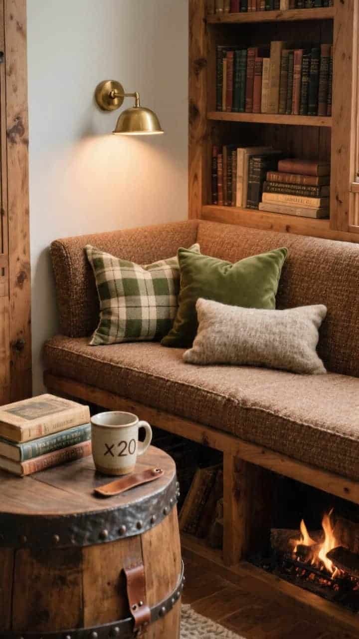 Photorealistic closeup detail in a cozy library nook: tweed mini-sofa in warm brown with built-in pine shelves softly lit by a dimmable brass sconce. Four pillows arranged compactly: two 16" small plaid squares in forest and oat, one 18" solid moss velvet square, and one 10"x20" heathered wool lumbar in oatmeal. Foreground accessories: vintage book stack with leather bookmark and ceramic mug on a round wood drum side table with hammered rim. Warm, fireside feel, grain and fabric textures emphasized, no people.