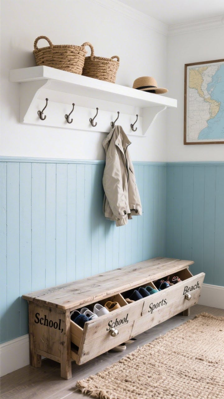 Photorealistic closeup/detail shot at a slight corner angle focusing on painted sea-salt blue shiplap half-wall with flip-down hooks (some folded, one in use with a light jacket); above, a chunky white shelf with a couple of baskets and hats; below, a weathered pine bench with tilt-out shoe compartments labeled “School,” “Sports,” “Beach,” one compartment open showing organized shoes; jute rug texture visible; brushed nickel hardware; crisp white upper wall and a framed coastal map edge in frame.