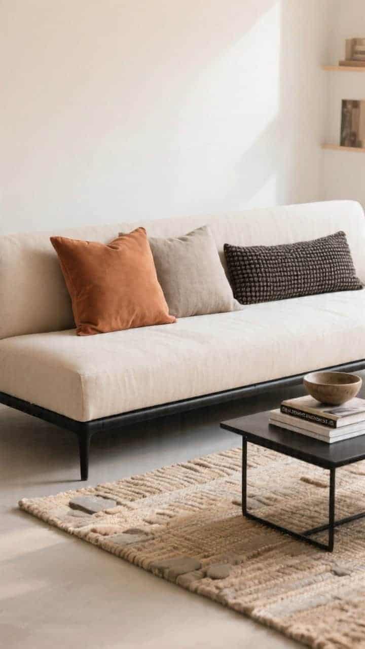 Photorealistic detail closeup from sofa level, desert modern textures: tight, low-profile sand sofa with slim black legs in front of a flat-weave rug in stone and beige. Pillows: one 18" clay-colored suede square, one 18" stone linen square, and an extra-wide 10"x24" charcoal woven lumbar with a slightly nubby weave. Background hints: blackened-iron coffee table with ceramic bowl and stacked design books, warm white almond-tinged wall. Soft warm daylight, tactile focus on fabric grains, no people.