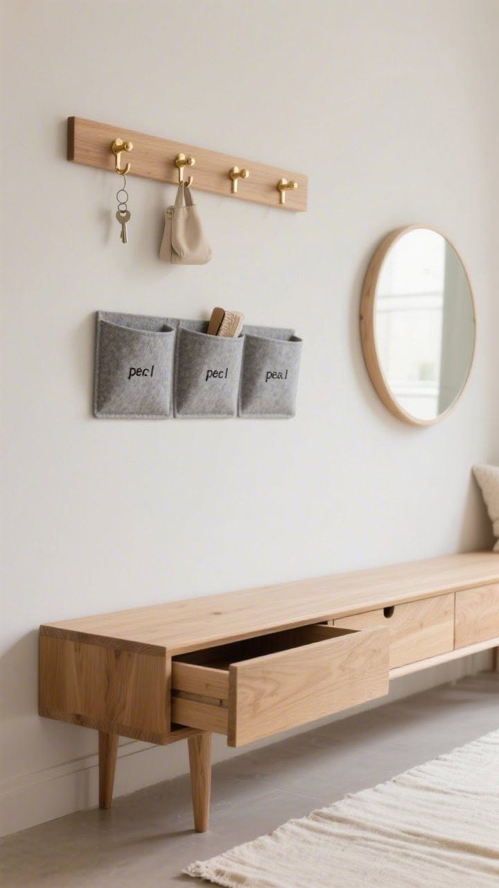 Photorealistic detail/closeup shot at eye level focusing on Scandinavian organization: a slim light oak rail with pale brass pegs holding a couple of neutral-toned items; discreet key hooks mounted under the rail; felt wall pockets in cloud gray labeled per person acting as mailboxes; below, a fine-furniture style drawer-front bench in light oak, one drawer partially open; oversized round mirror edge catching soft light; textiles in gentle tones, soft cream runner visible at bottom of frame.