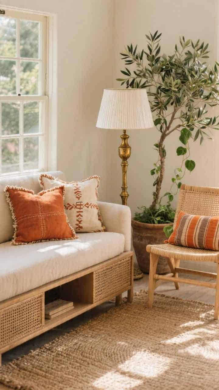 Photorealistic medium corner shot, boho sunroom: small sand-colored loveseat, rattan side chair, jute rug, cane media console. Four pillows: two 18" terracotta linen squares with raw-edge seams, one 18" cream mudcloth-inspired square with warm rust patterns, one 12"x20" narrow striped lumbar in burnt orange and taupe. Greenery: potted olive tree and trailing pothos. Antiqued brass floor lamp with white pleated shade. Sun-splashed warmth, earthy textures, no people.