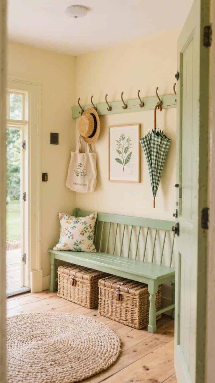 Photorealistic medium shot capturing a cozy cottage entry: wraparound wooden peg rail painted buttery cream holding straw hats, canvas totes, and a gingham umbrella; a sage green spindle-back bench beneath with two lidded wicker trunks tucked under; a petite floral cushion on the bench; botanical print art on warm cream walls; wide-plank oak floors with a braided oval rug; soft daylight filtering for a warm, simple, tidy feel.