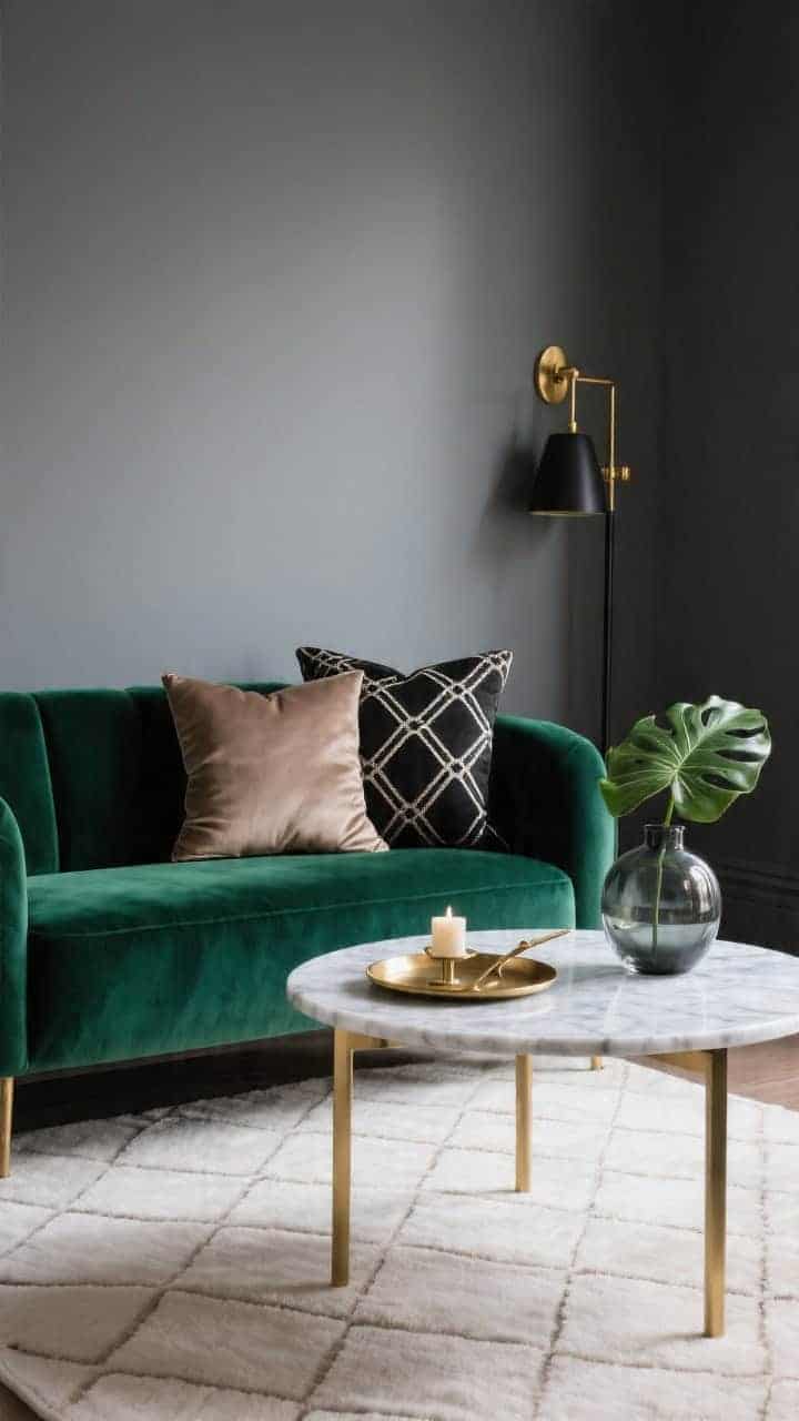 Photorealistic medium shot, jewel-tone glam: small emerald velvet sofa against a mid-tone gray wall, round marble-topped coffee table with slim brass legs, black-and-gold sconce. Pillows: one 20" taupe silk square with gentle sheen and one 12"x20" black-and-ivory art-deco geometric lumbar. Rug: low-pile ivory with faint diamond pattern. Brass tray and candle snuffer on table, single monstera leaf in smoky glass vase. Moody yet polished lighting, subtle reflections, no people.