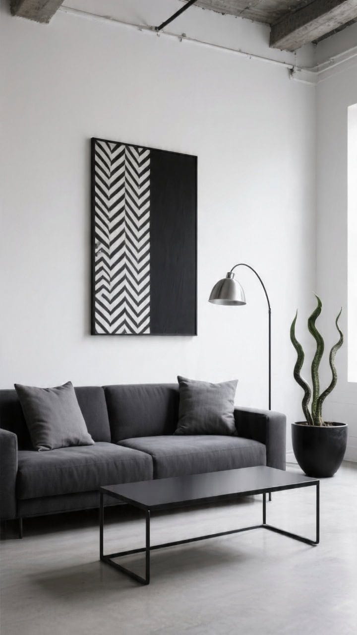 Photorealistic medium shot, modern monochrome loft: a compact charcoal sofa against a white gallery wall, low black metal coffee table, slim arc lamp overhead. Three pillows only: two 20" graphite linen squares flanking a 12"x20" narrow black herringbone lumbar. Include oversized black-and-white abstract art, brushed steel lamp finish, black planter with a tall snake plant. Matte finishes, crisp lines, balanced negative space, soft daylight from the side, no people.