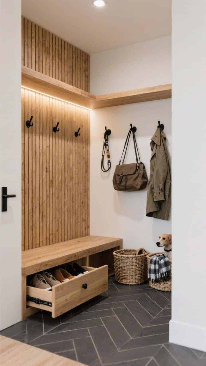 Photorealistic medium shot of a modern mudroom niche lined with vertical honey oak slats from floor to ceiling, warm white walls, soft LED strip tucked beneath a floating oak shelf casting a glow on the slats; a built-in oak bench with a deep drawer slightly open to reveal neatly arranged shoes, two pull-out wicker bins for scarves and dog leashes, staggered matte black metal pegs holding a couple of bags and a coat; charcoal porcelain tile in a herringbone pattern underfoot; slim black pulls and concealed tracks, minimal styling, no people.